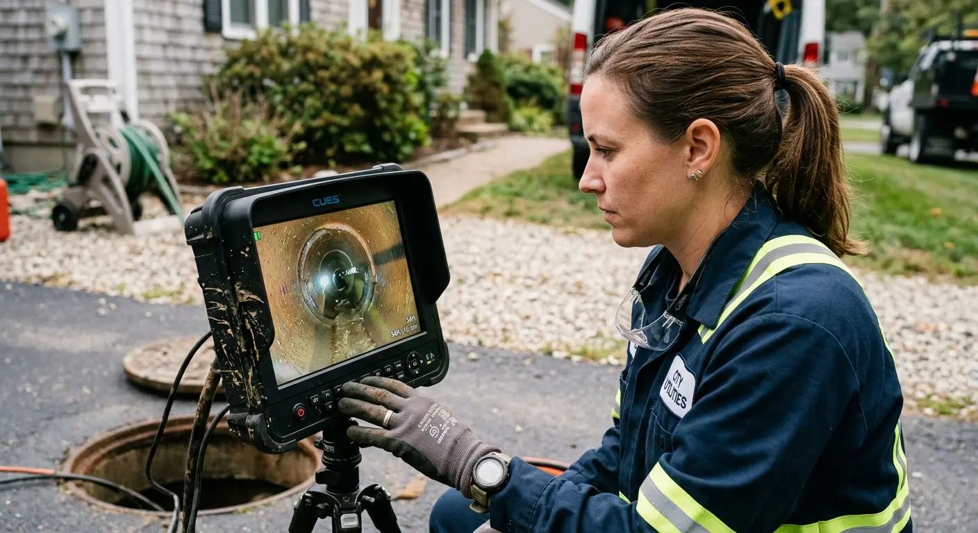 Technician reviewing sewer camera inspection footage in Wheelersburg