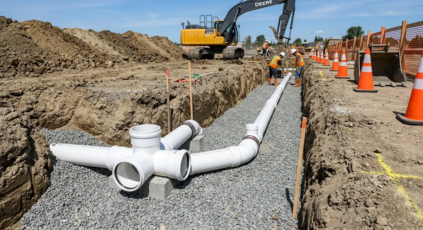 New PVC sewer pipe installation in open trench for Commercial Drain Cleaning in Wheelersburg