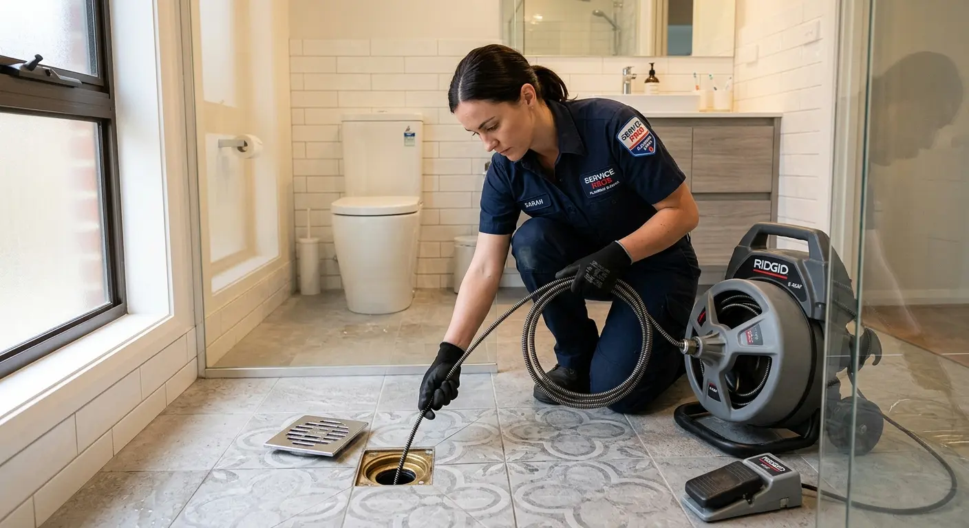 Technician clearing a bathroom floor drain for Drain Cleaning in Wheelersburg